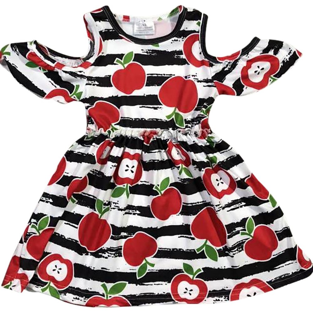 Little Girls Dress Cold Shoulder Off Shoulder Apple Stripe Dress Easter School